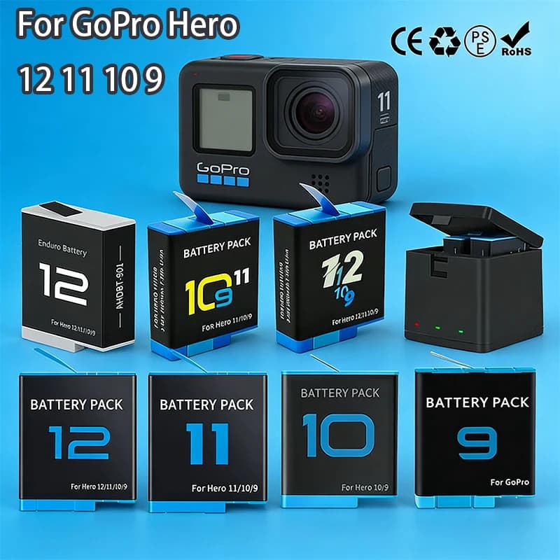 Batteria Ricaricabile per Action Camera GoPro Hero 12, 11, 10, 9, Accessori per Ricarica Rapida