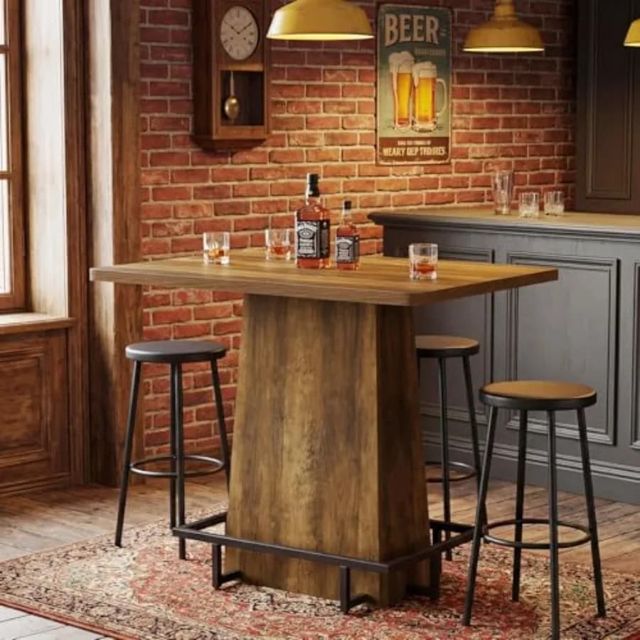 Tavolo da Bar 47 Pollici per Ristoranti, Patio e Caffetterie, Stile Rustico Industriale con Poggiapiedi in Metallo, Tavolo Alto Rettangolare con Piano in Legno Marrone