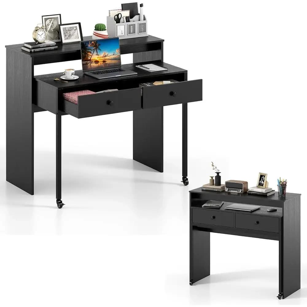 Small computer desk with upper cabinet and compartments, extendable desk with pull-out table, monitor and wheel support, folding table, Co