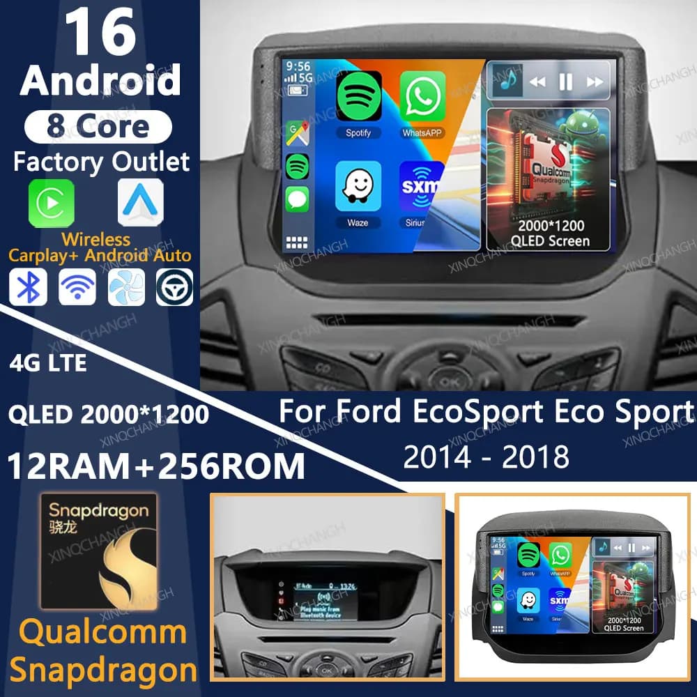 Android 16 Car Radio For Ford EcoSport Eco Sport 2014 2015 2016 2017 2018 Carplay Auto QLED Multimedia Stereo Video Player 2DIN