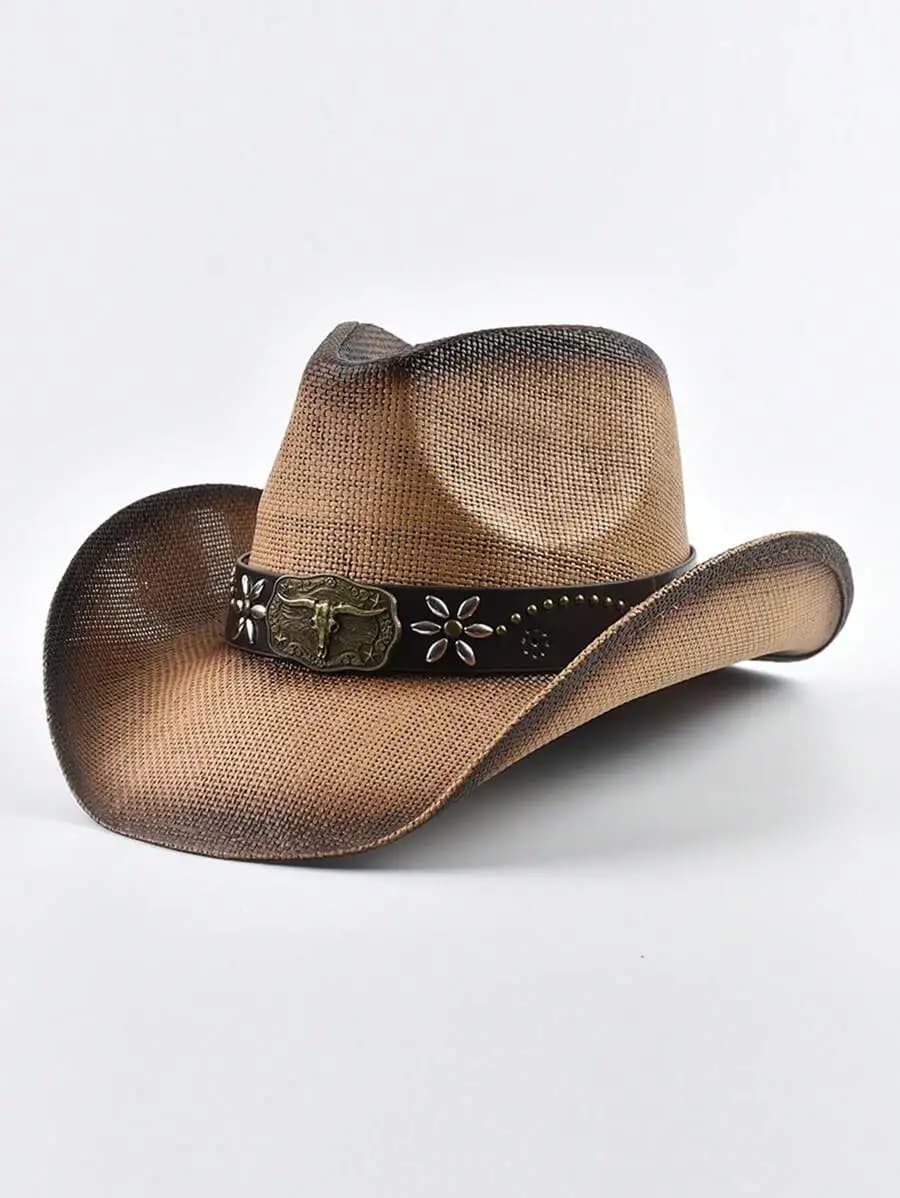 Cappello da cowboy in paglia stile western con cintura decorativa per donna, ideale per le vacanze estive al mare
