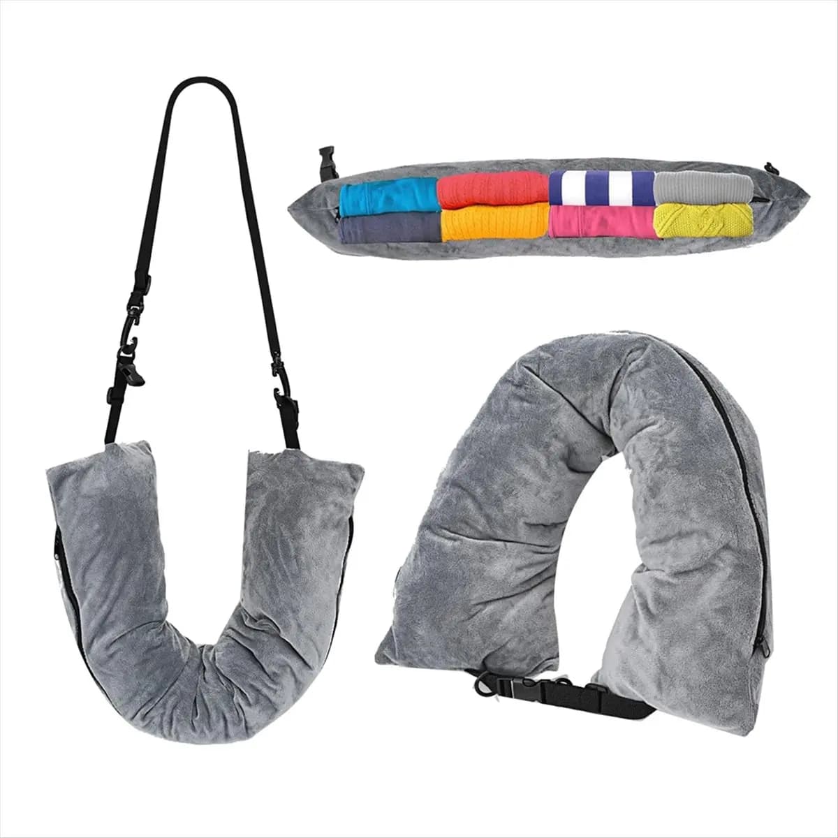 Cuscino da Viaggio per il Collo Riempibile con Vestiti, Cuscino da Viaggio per il Collo Riempibile, Cuscino da Viaggio per il Collo con Spazio Extra per Riporre Oggetti, Grigio