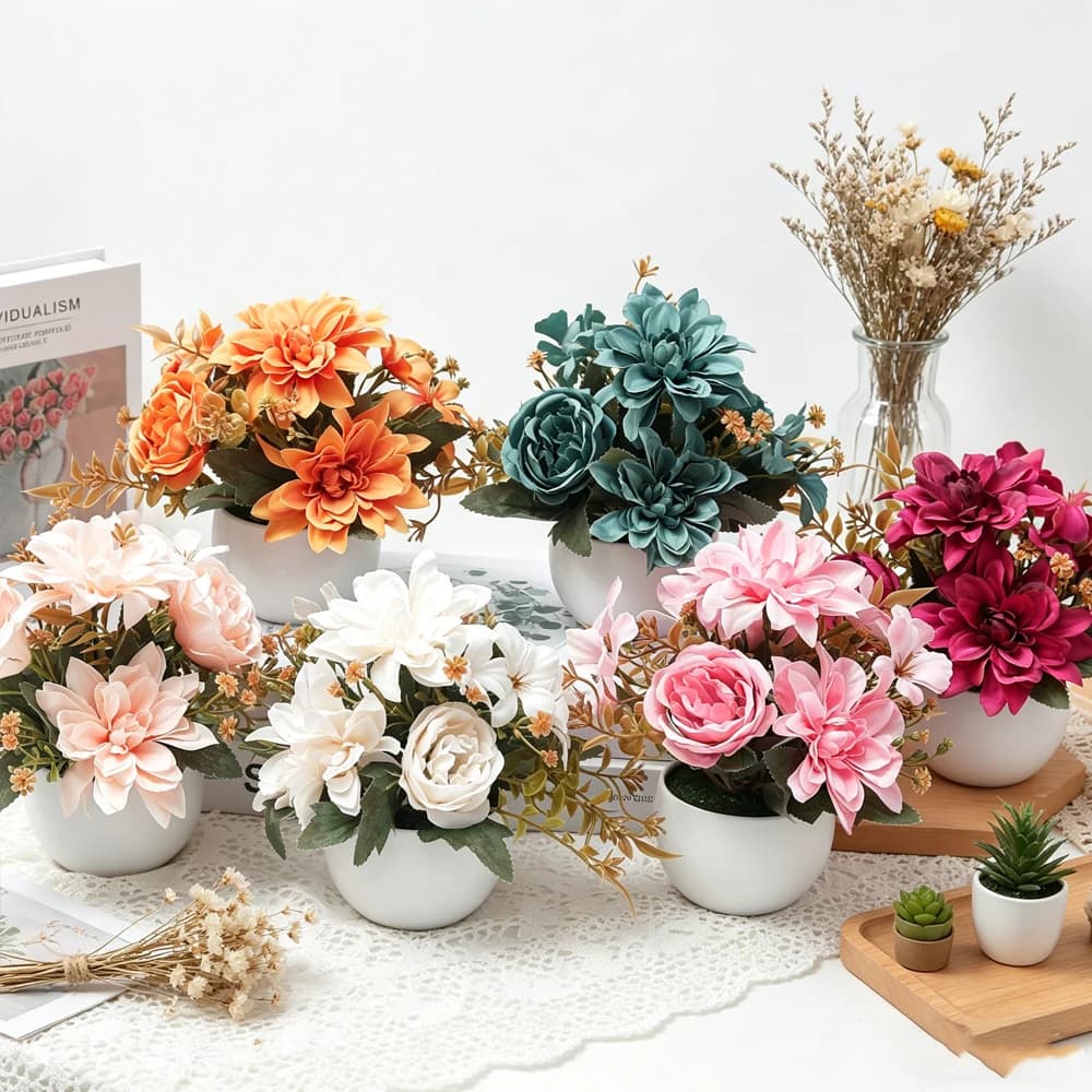 Autumn Silk Peony Dahlia Potted Plants Artificial Flowers Wedding Home Table Vases Ornaments DIY Simulated Roses Daisies Bonsai