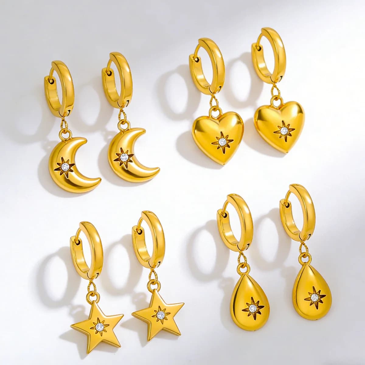 Women's 18K Gold Plated Stainless Steel Earrings with Water Droplets Octagonal Star Moon Design Jewelry Gift