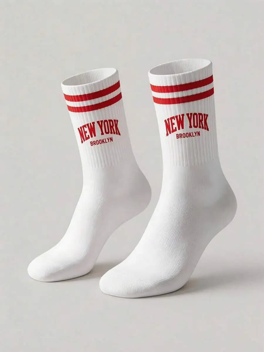 Mens Mid-Calf Socks With Red Double Stripes And New York Brooklyn Print Casual Sport