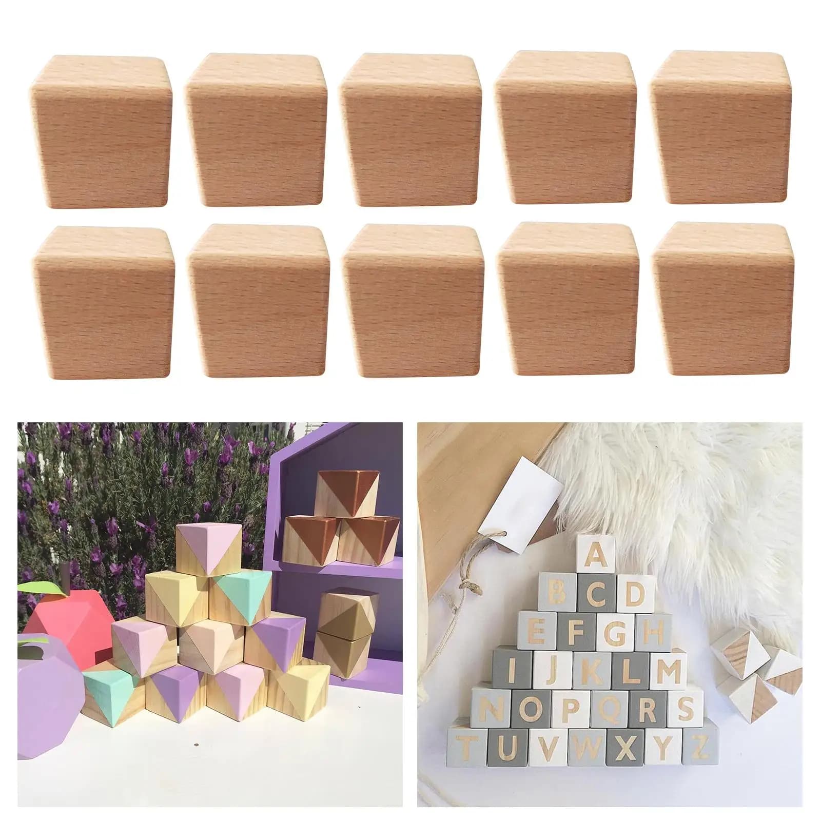 10Pcs Natural Wood Cube Blocks Square Crafts Wooden Shapes Unfinished Wooden