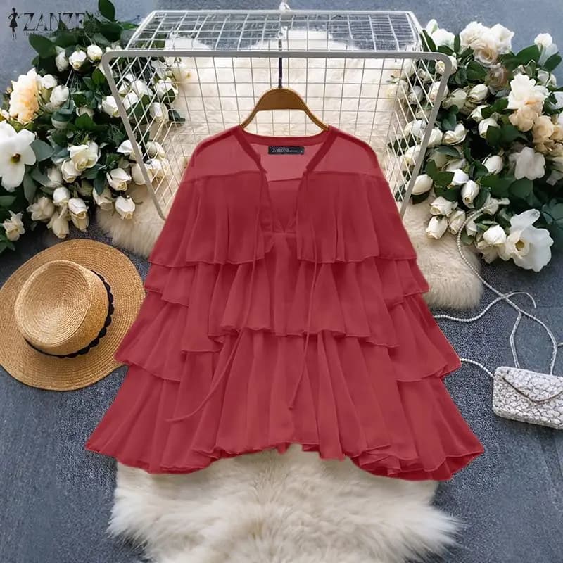 Elegant T-shirt with Volant ZANZEA 2026 Women'swear with V-neck and Long Sleeves, Top Elegant with Laces, Working shirt Tinta Unit for Holiday