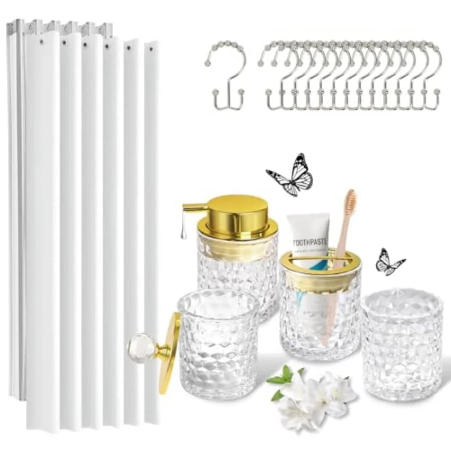 Set di Accessori per il Bagno 5 Pezzi in Vetro, Completo di Tenda Doccia, Dispenser Sapone, Porta Spazzolino e Porta Bicchieri