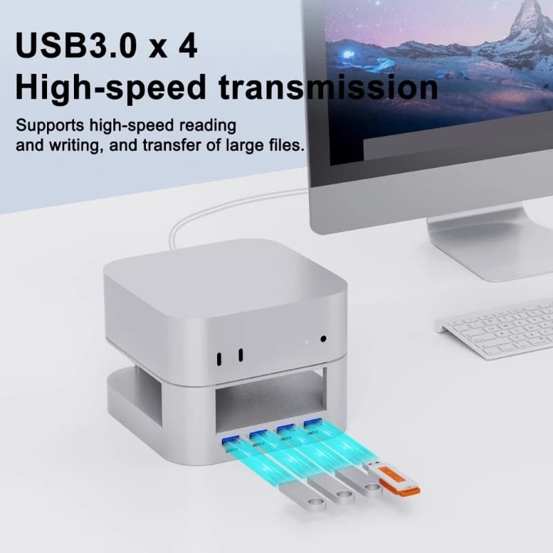 Supporto in alluminio con docking station USB per mini computer, incluso adattatore USB a 4 porte 896C