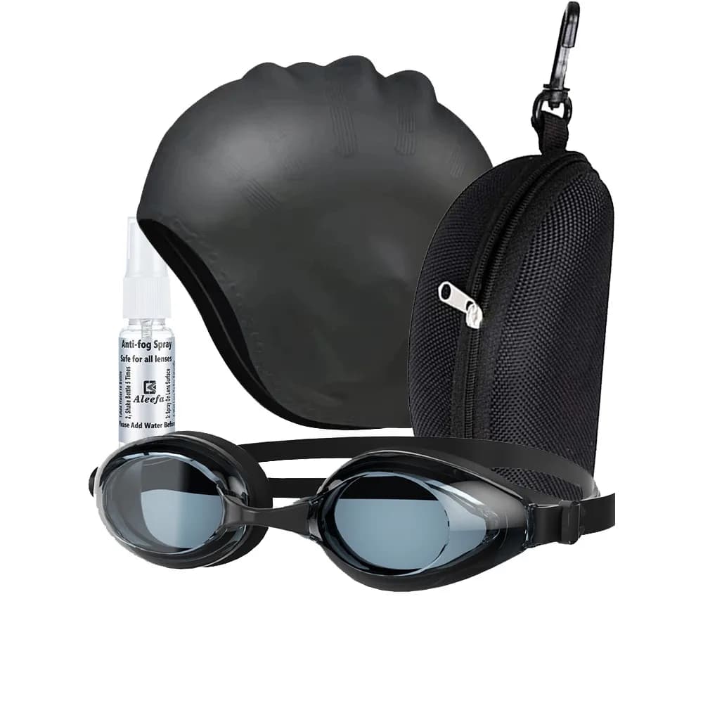 Swimwear with anti-fog prescription and set of silicone headphones for adults - Adjustable leak proof myopia glasses + Waterproof swim cap