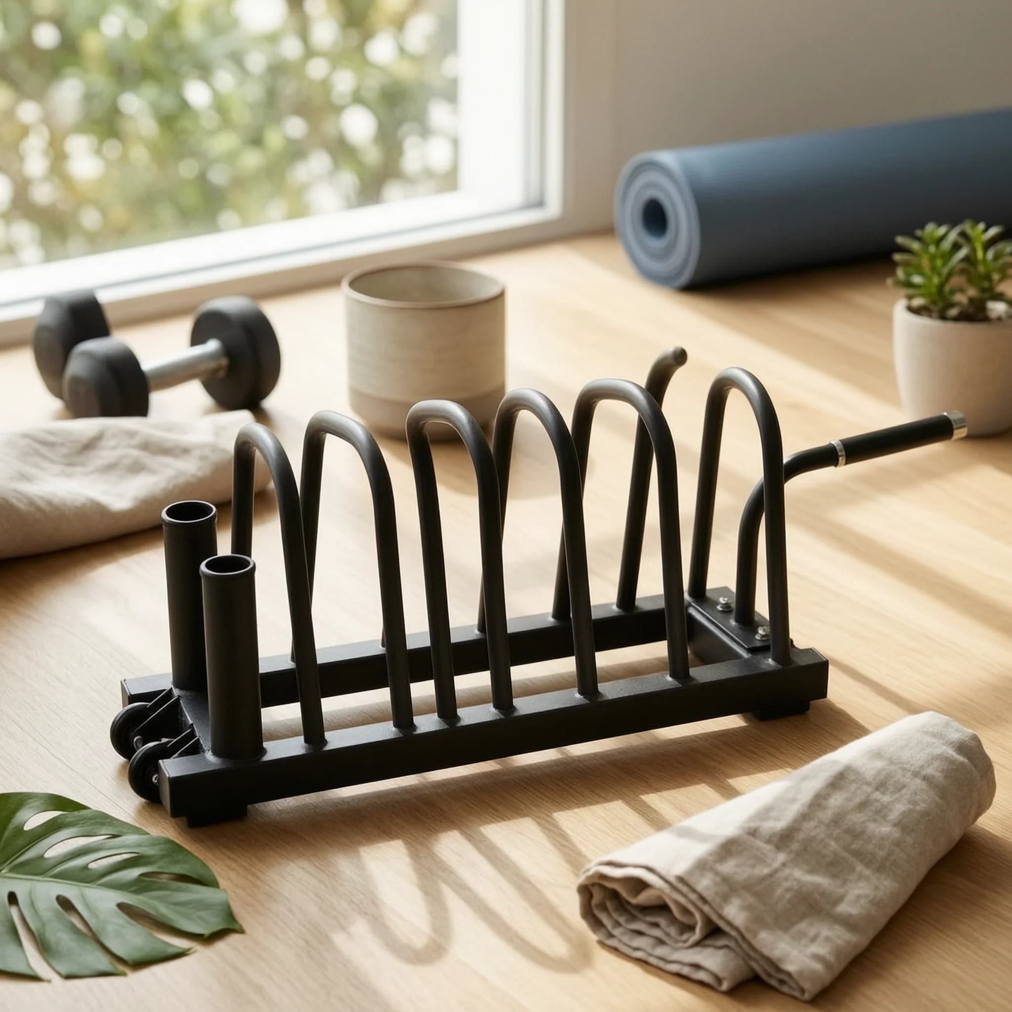 Weight Plate Cart with Wheels Vertical Weight Rack with Barbell Holders Barbell Holder Sturdy Gym Organizer Stable