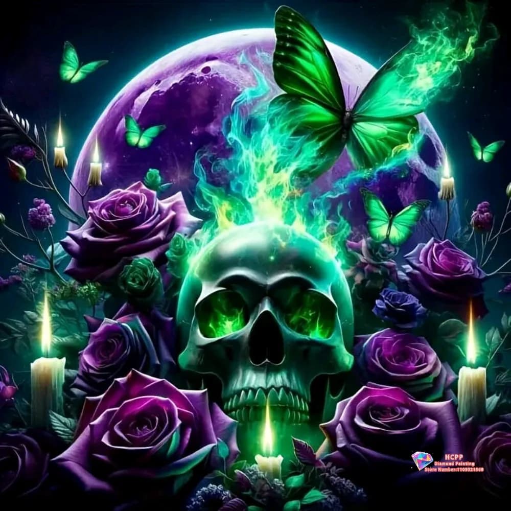 Kit Pittura Diamante 5D Fai da Te Teschio con Fiori e Rose, Ricamo a Punto Croce, Arte Fatta a Mano, Regalo, Artigianato, Decorazione Casa