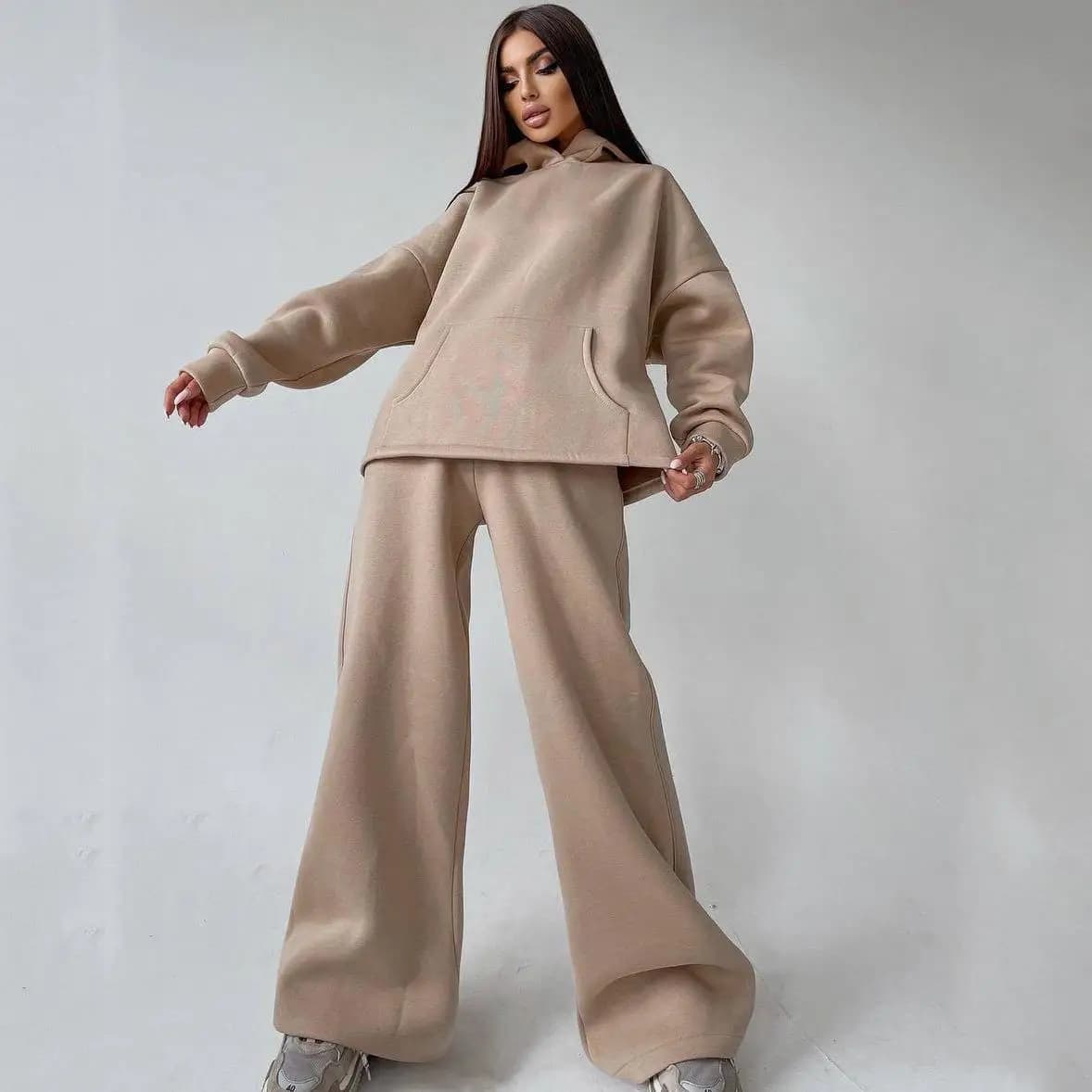 Women's Hooded Pocket Hoodie Set Two Pieces Long Sleeve Winter Fashion Outfit Casual Comfortable Two-Piece Suit for Ladies