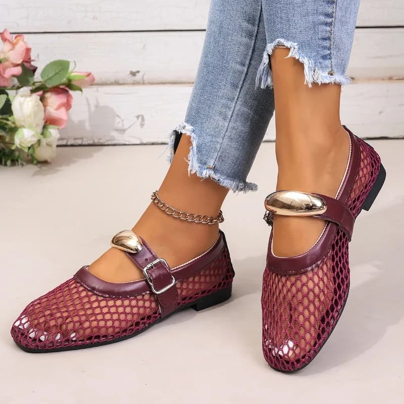 Sandali Donna Classici con Fibbia in Tinta Unita, Scarpe Basse Comode in Rete Metallizzata da Designer, Collezione Estiva 2026