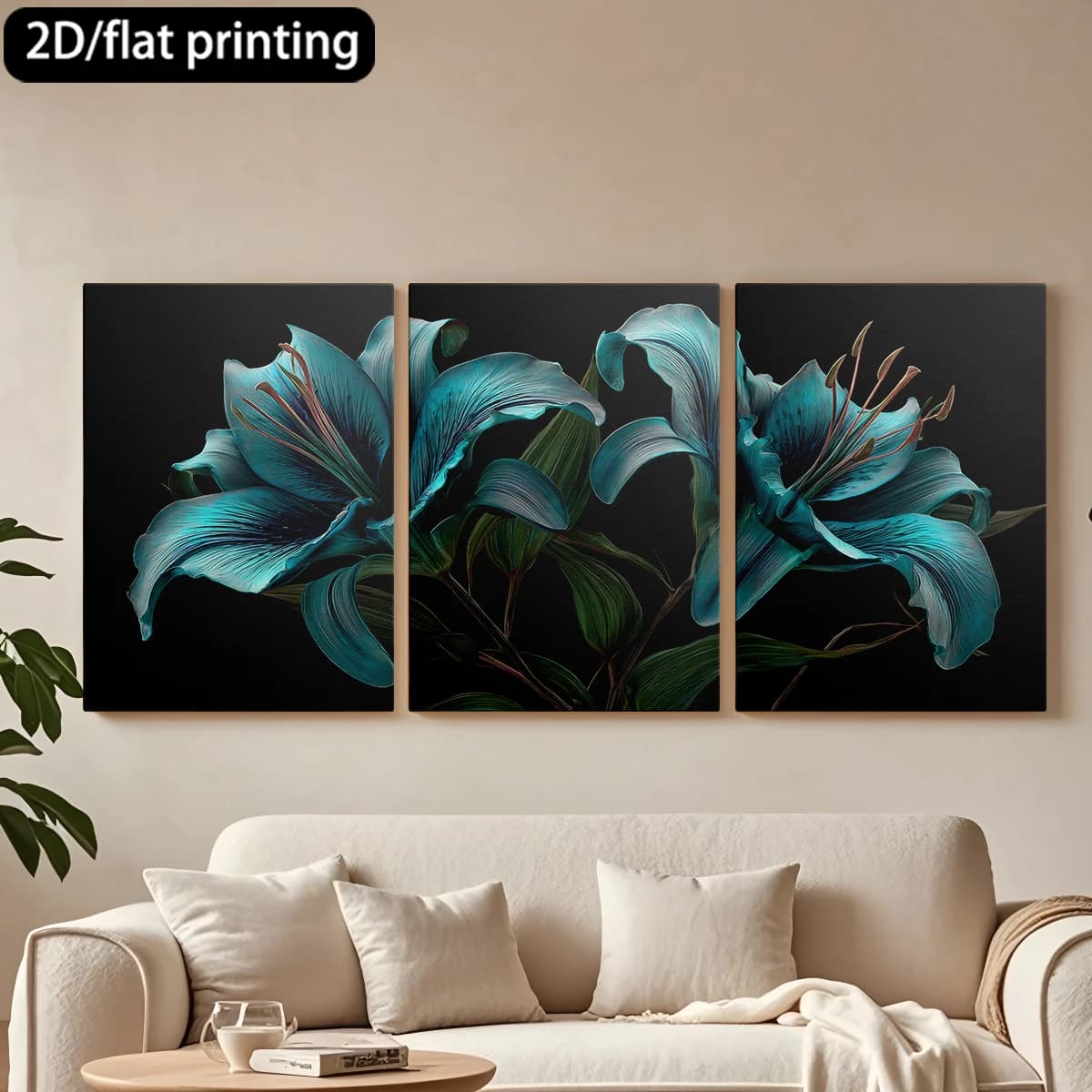 Stampa piatta 2D, tela decorativa con cornice in legno in 3 pezzi, decorazione con gigli teal e foglie verdi rigogliose. Decorazione per corridoio e camera da letto.