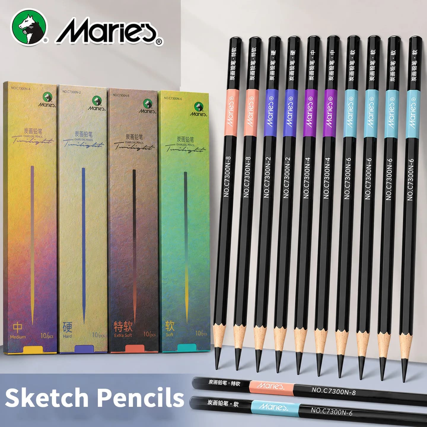 Marie's 6/12 pz Professionale Schizzo Matita A Carbone Morbido/Medio/Duro/Extra-morbido Disegno Penne A Carbone Rifornimenti D'arte C7300/7360