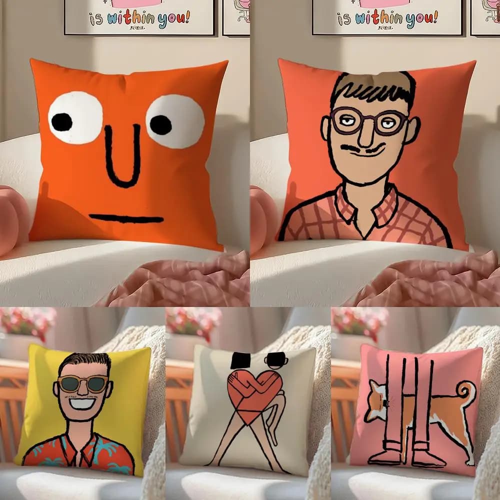 Fashion Art J-Jean-Jullien Short plush cushion cover with invisible zipper for sofa and bedroom