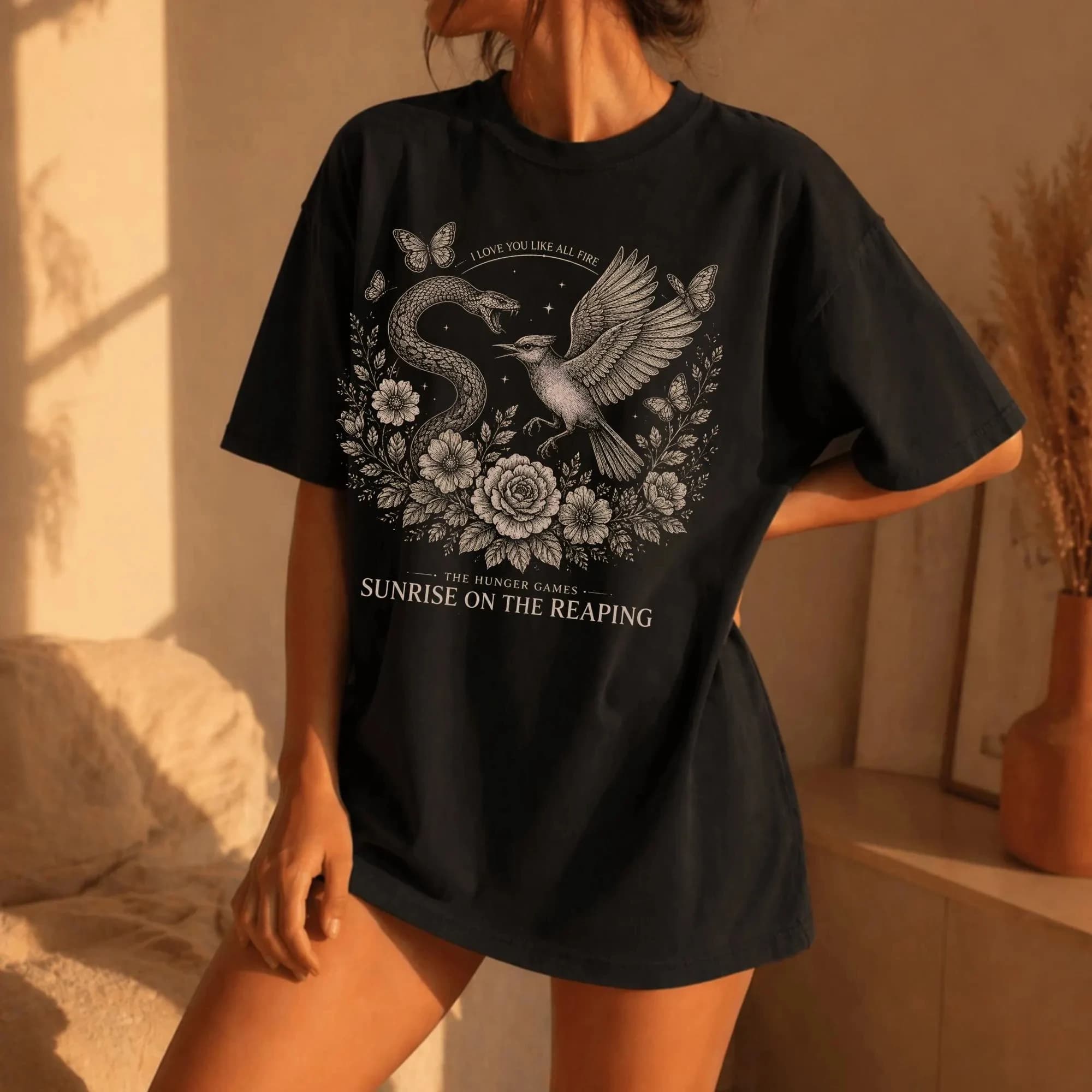 Sunrise on The Reaping Hunger Games T-Shirt Retro Snake Mockingjay Floral Print Oversized Gothic Aesthetic Unisex Casual Cotton