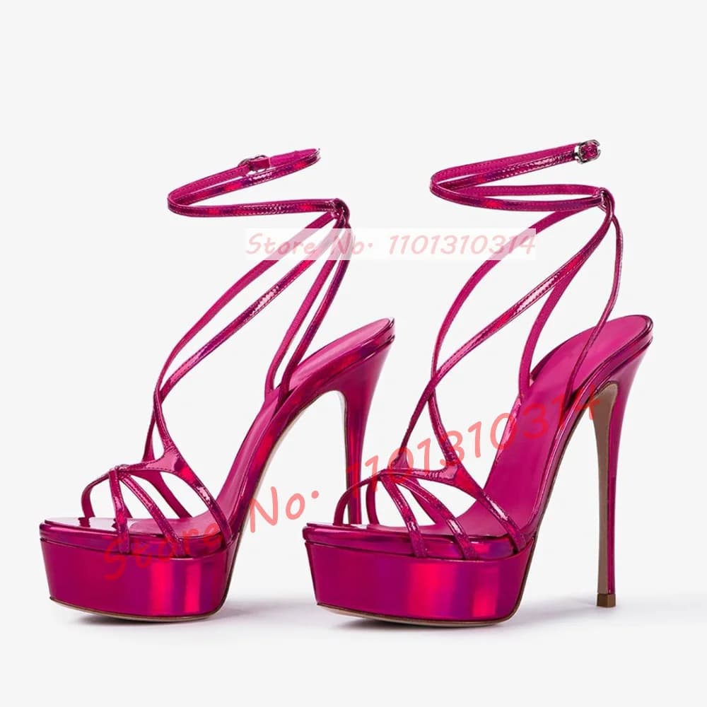 Sandals with Plateau and Iridescent Slim Straps, Crystal Decorations, Summer 2024, Luxury High Heels, Polished Satin Shoes with Crossed Straps