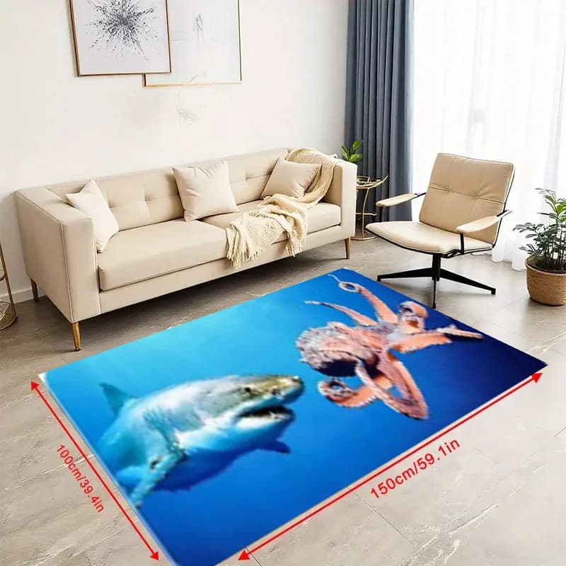 2D Flat Shark Octopus Underwater Scene Flannel Door Mat Non Slip Ocean Animal Rug For Entryway Bathroom Floor