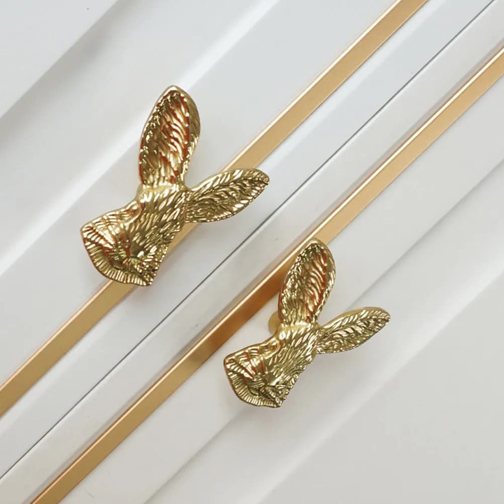 2 Pezzi Maniglie a Forma di Testa di Coniglio in Ottone Dorato, Pomelli per Armadietti, Maniglie per Cassettiere, Maniglie Decorative per Mobili da Cucina