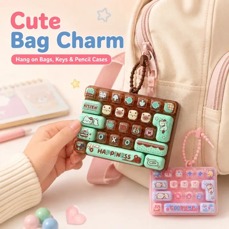 26-Key Mini Keyboard Fidget Keychain, Cute Cartoon Pressable Keys Stress Relief Toy, Backpack Bag Charm Birthday Gift for Kids