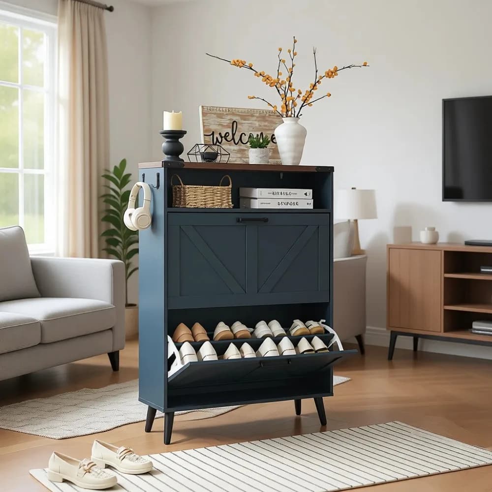 Flip Drawer Shoe Storage Cabinet, Adjustable Shelves, Wood Organizer for Entryway, Navy Blue