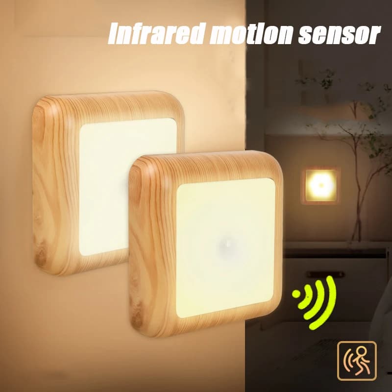 Batteria wireless con venature del legno Sensore di movimento intelligente del corpo Armadio a LED Luce notturna intelligente per camera da letto del corridoio delle scale