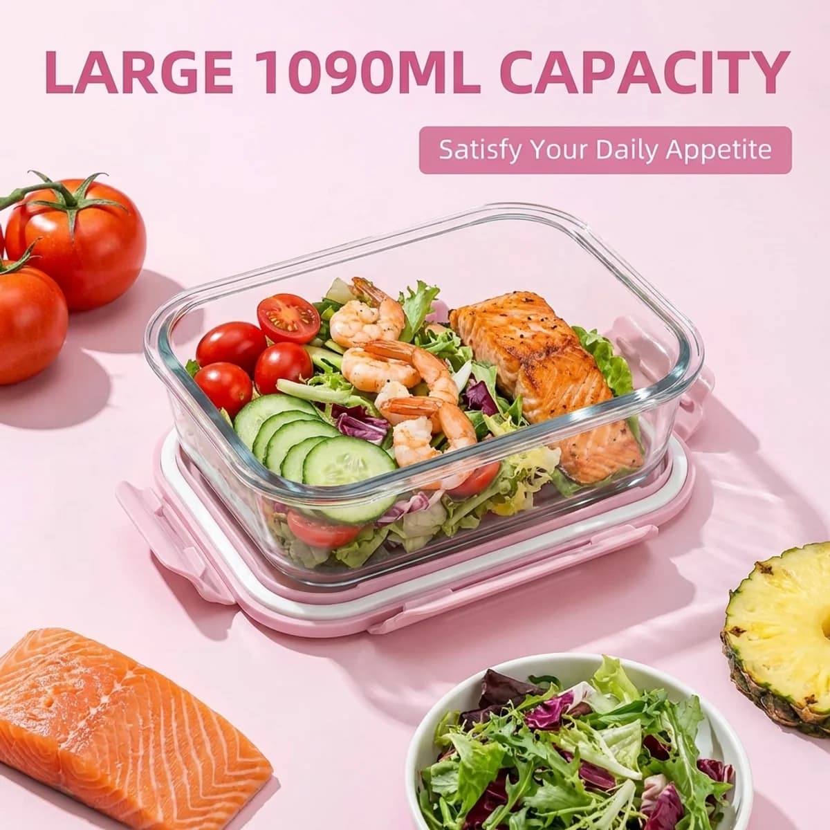 Contenitore per Pranzo in Vetro Rosa Portatile, con o Senza Scomparti, Adatto per Microonde e Congelatore, Ermetico, Bento Box per Preparazione Pasti