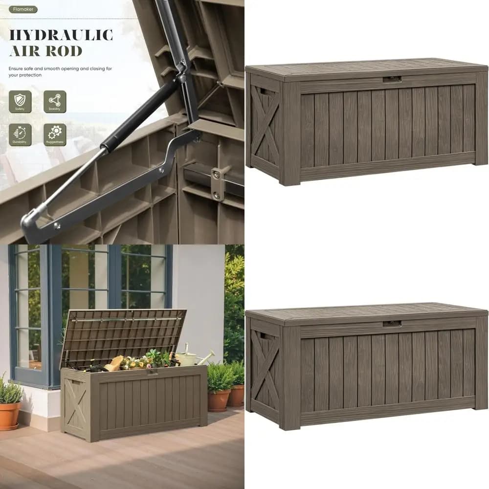 Grande Contenitore per Esterni e Interni, Box da Giardino in Resina Impermeabile da 120 Galloni, Effetto Legno, Ideale per Attrezzi da Giardino e Accessori per Piscina