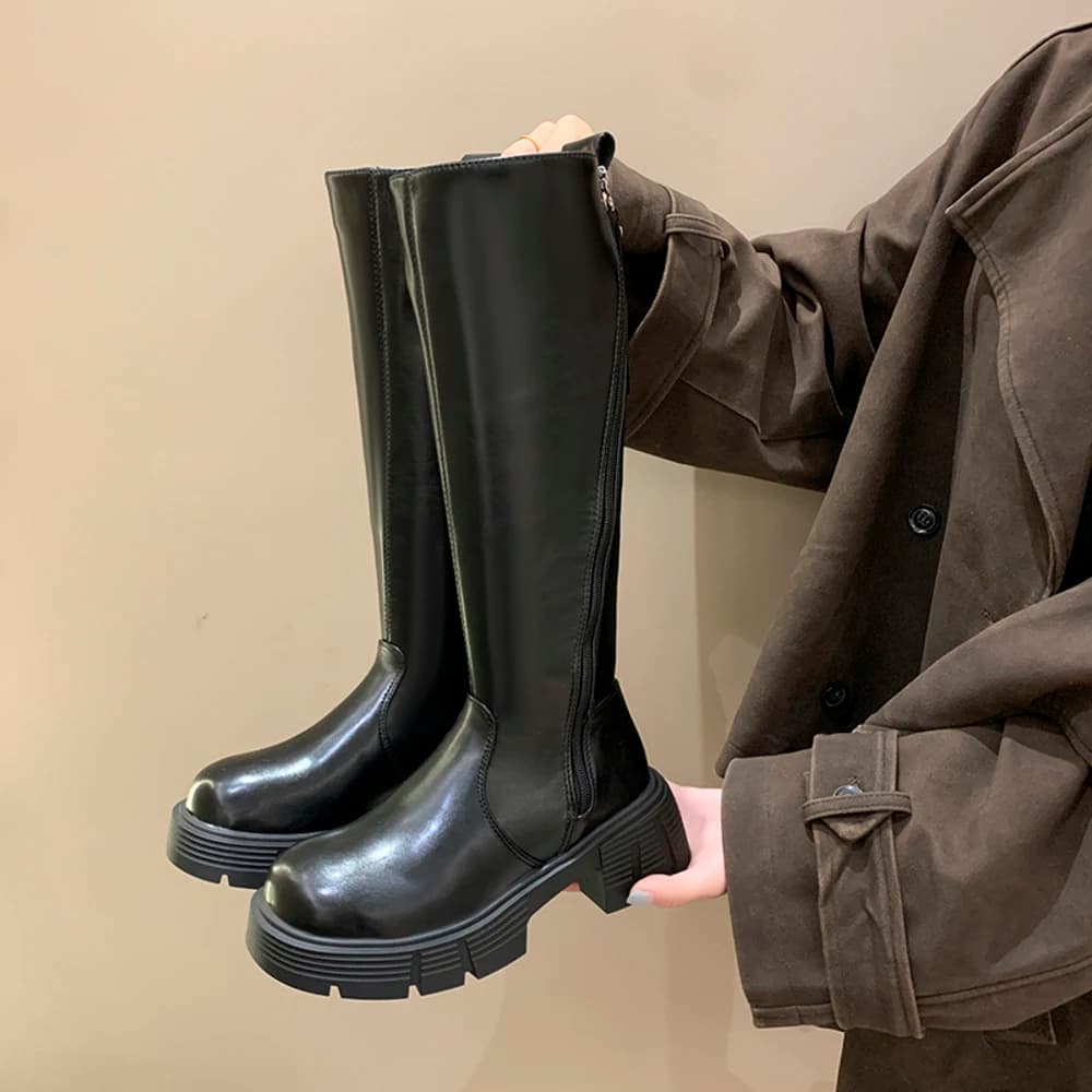 Stivali da donna con punta tonda Scarpe sopra il ginocchio Cerniera Calzature invernali Gomma sopra il ginocchio Autunno Lolita Tacco alto 2025 Pelle da donna
