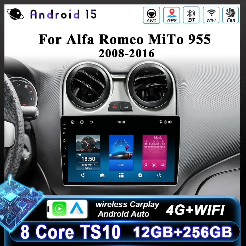 Android 15 Autoradio Stereo For Alfa Romeo MiTo 955 2008-2016 Auto Cireless Carplay GPS Navigation Video reader Multimedia 2Din