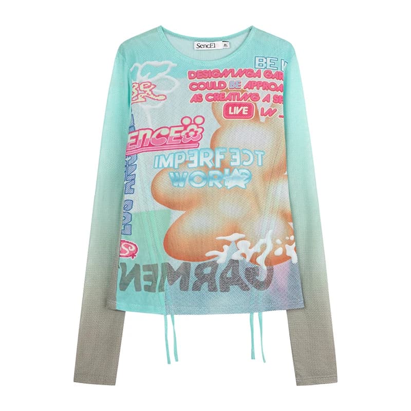 Gradual y2k Drawstring Strap Breathable Thin Ice Mesh Long Sleeve T-shirt Women's Summer Sunscreen Top