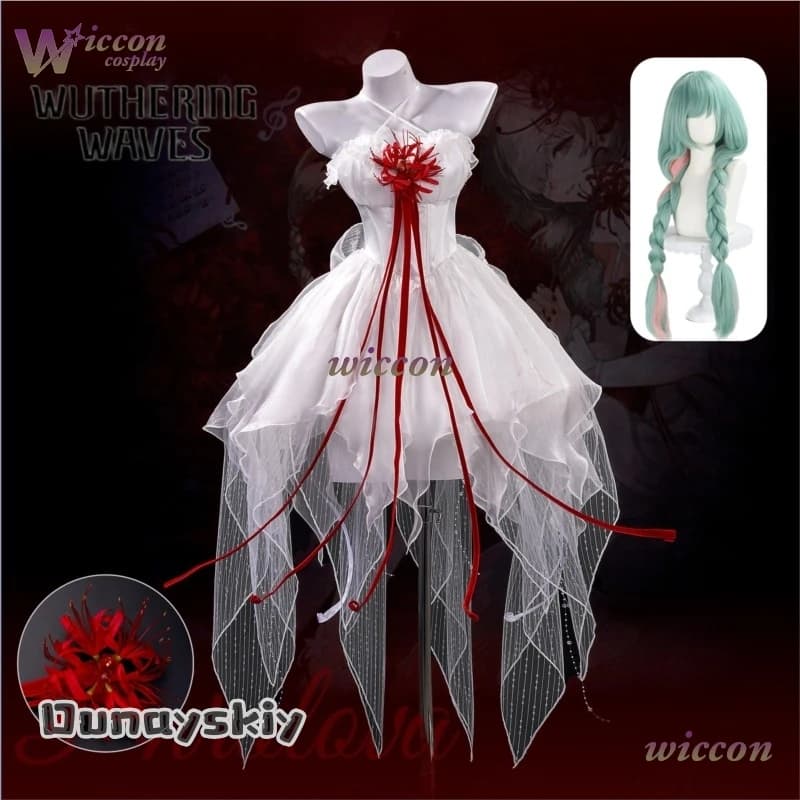 Costume Cosplay di Wuwa Phrolova da Wuthering Waves, Parrucca, Abito da Sposa Bianco, Copricapo Stratificato Spider Lily per Donne, Halloween aBcDsss@