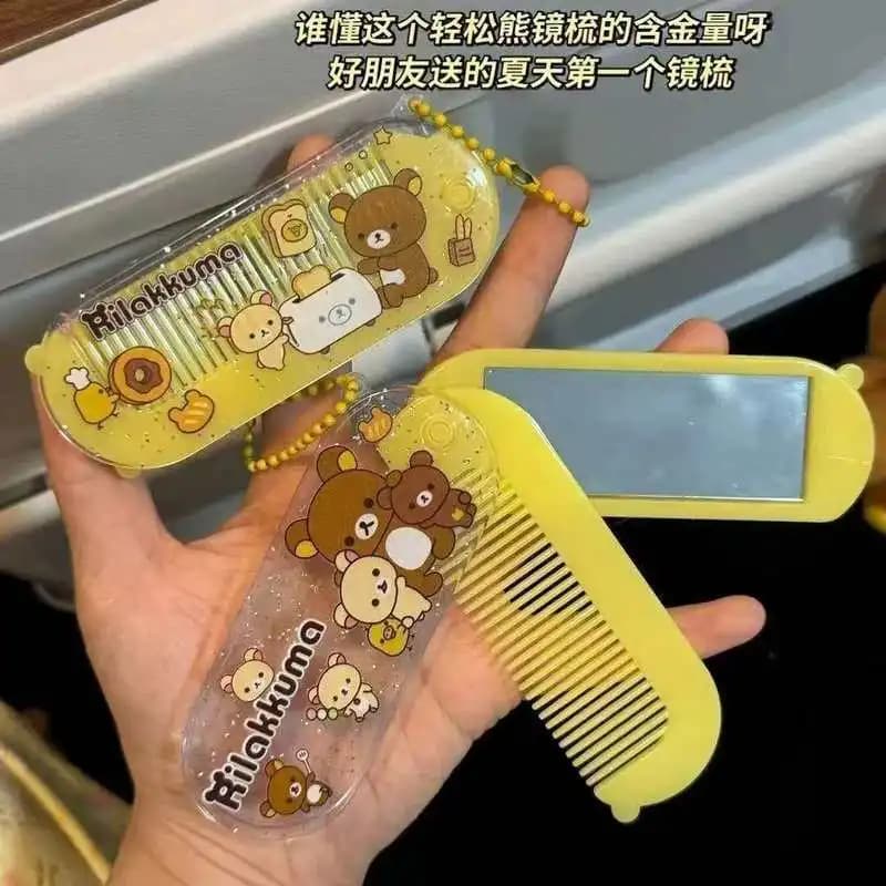 Rilakkuma Pettine Con Specchio Anime Relax Orso Mini Spazzola Per Capelli Donne Da Viaggio Portatile Pieghevole Frangia Pettini Alla Partura di Vetro Ragazze Regalo