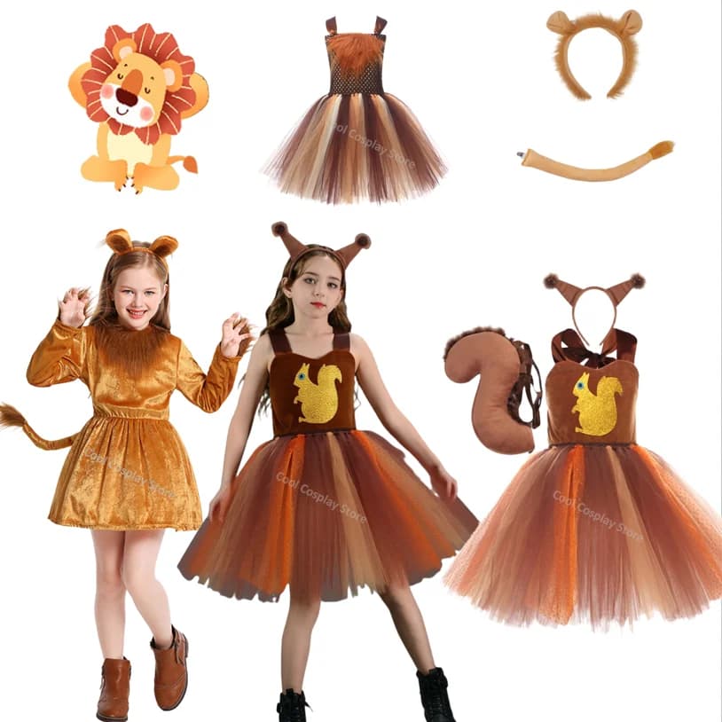 Capretto Bambini Ragazze Cartone Animato Animale Simpatico Leone Cosplay Festa di Halloween Spettacolo teatrale Tutu Gonna Abito Costume Gioco di ruolo