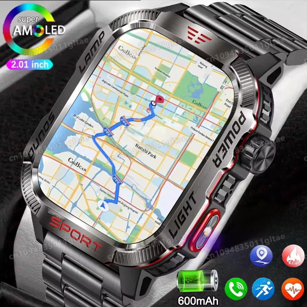 Smartwatch Sportivo da Esterno per Uomo e Donna, GPS 2.01", Torcia LED, Batteria 600mAh, Impermeabile, Chiamate Bluetooth