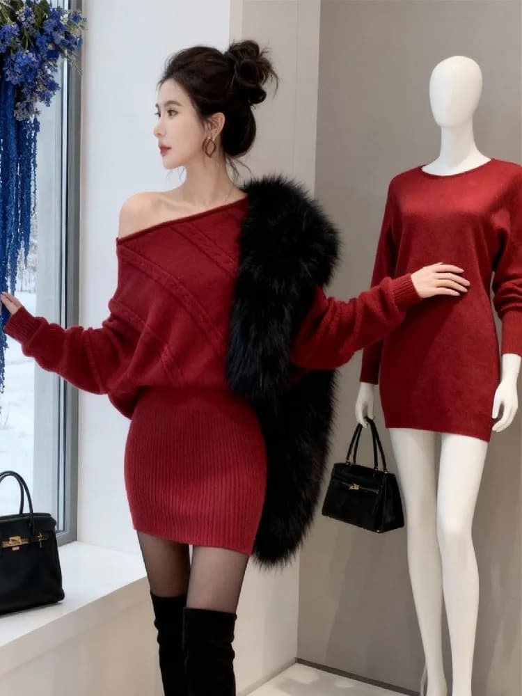 Retro Red Asymmetrical Shoulder Knitted Dress Women's Slimming Bodycon Spring New Style Short Skirt Knitted Long Sleeve Cityw...