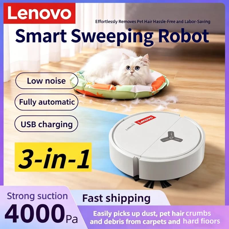 Robot Aspirapolvere Intelligente 3-in-1 Lenovo, Aspiratore Robotico 4000Pa per Tappeti e Pavimenti Duri, Elettrodomestico per la Pulizia della Casa