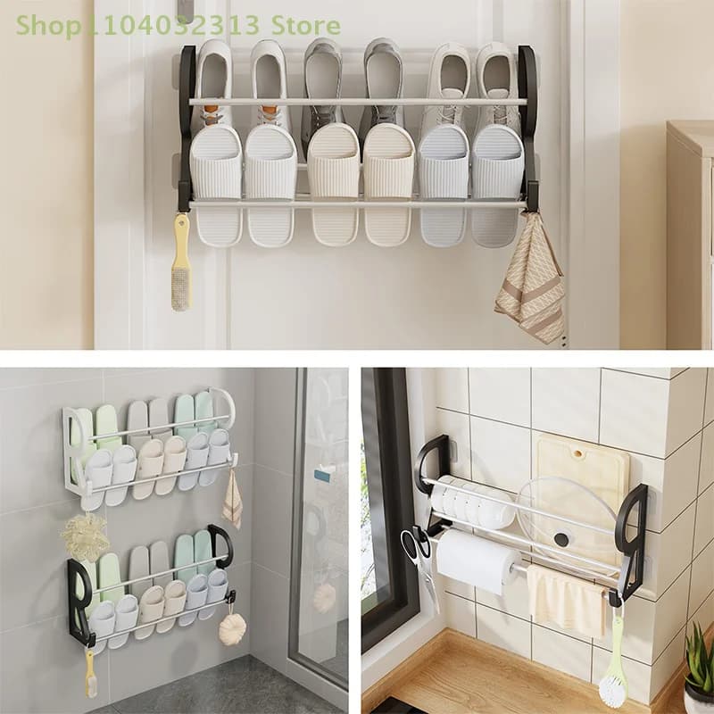 1PC Wall Mounted Shoe Rack Simple Bathroom Slipper Rack Multi-functional Nail Free Kitchen Rack Hole Free Door Back Shoe Rack