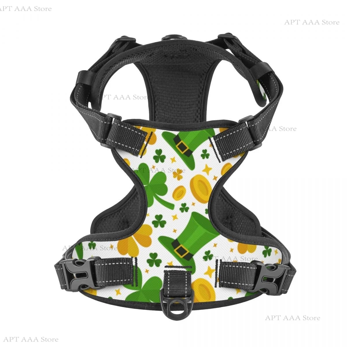 Cappelli verdi Modello trifogli dorati Pettorina per cani e gatti Tessuto a rete morbida all'interno dell'imbracatura riflettente regolabile