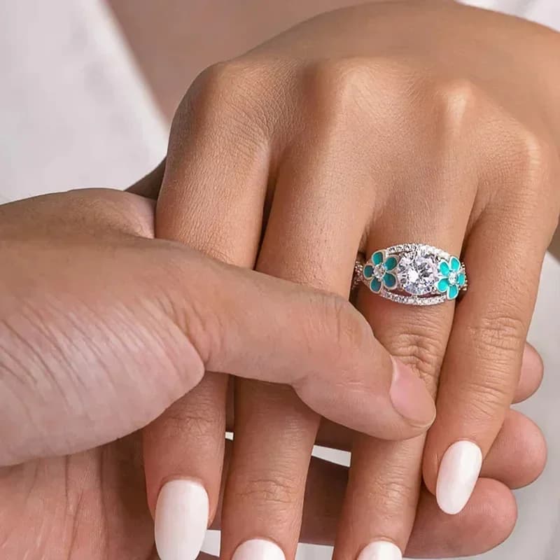 Luxury Micro Inlaid Zircon Blue Flower Small Fresh Light Luxury Ring High End Personalized Fashion Shining Jewelry Accessories