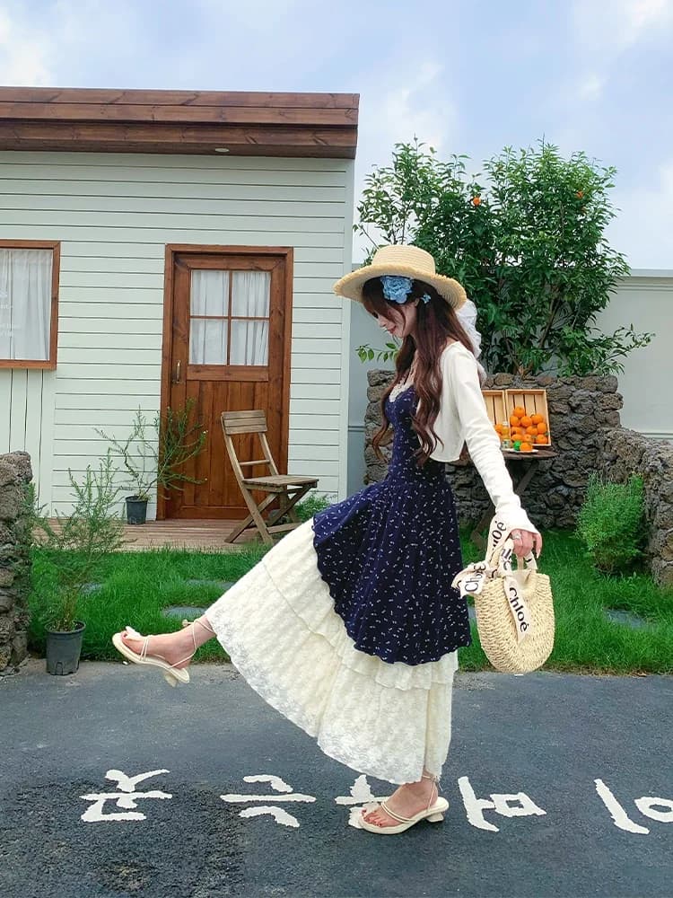 Sweet Style Floral Print Halter Neck Dress Women's Summer Cotton Blend Beach Vacation Skirt Standard Fit A-Line Princess Dress