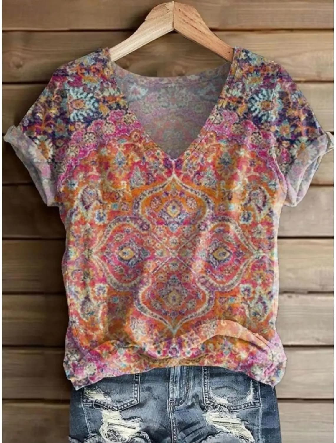 Women V Neck Short Sleeve T-Shirt Boho Ethnic Carpet Floral Mandala Print Vintage Art Pattern Casual Summer Daily Basic Tee Tops
