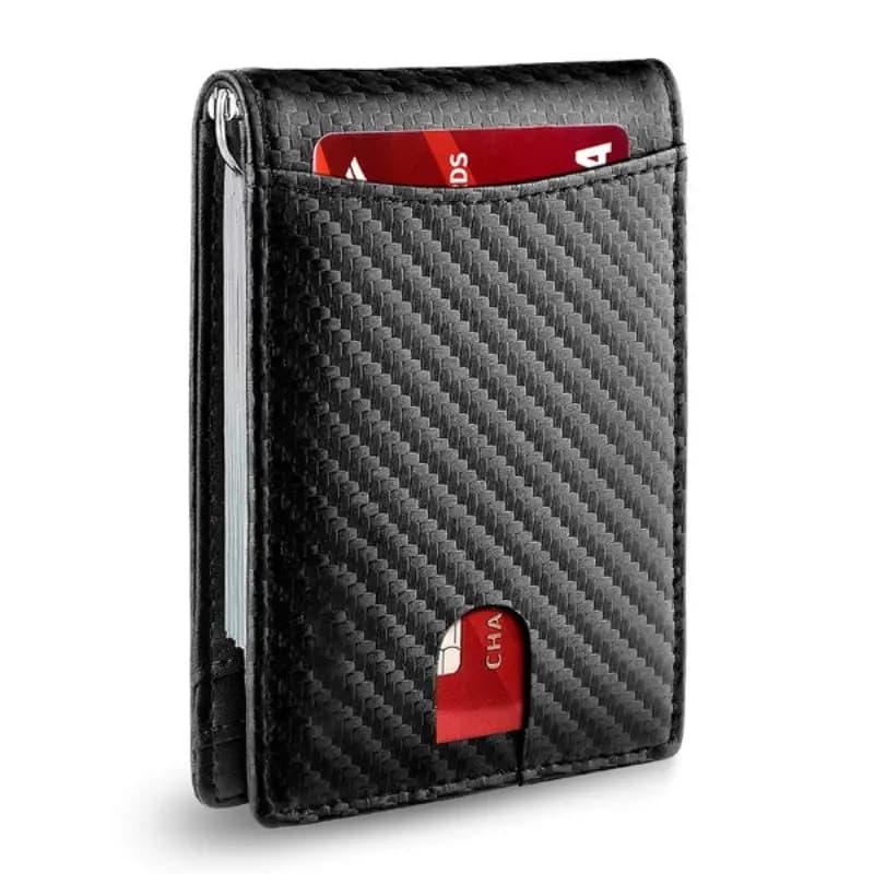 Portafoglio sottile minimalista da uomo con fermasoldi con blocco RFID, tasca frontale in vera pelle