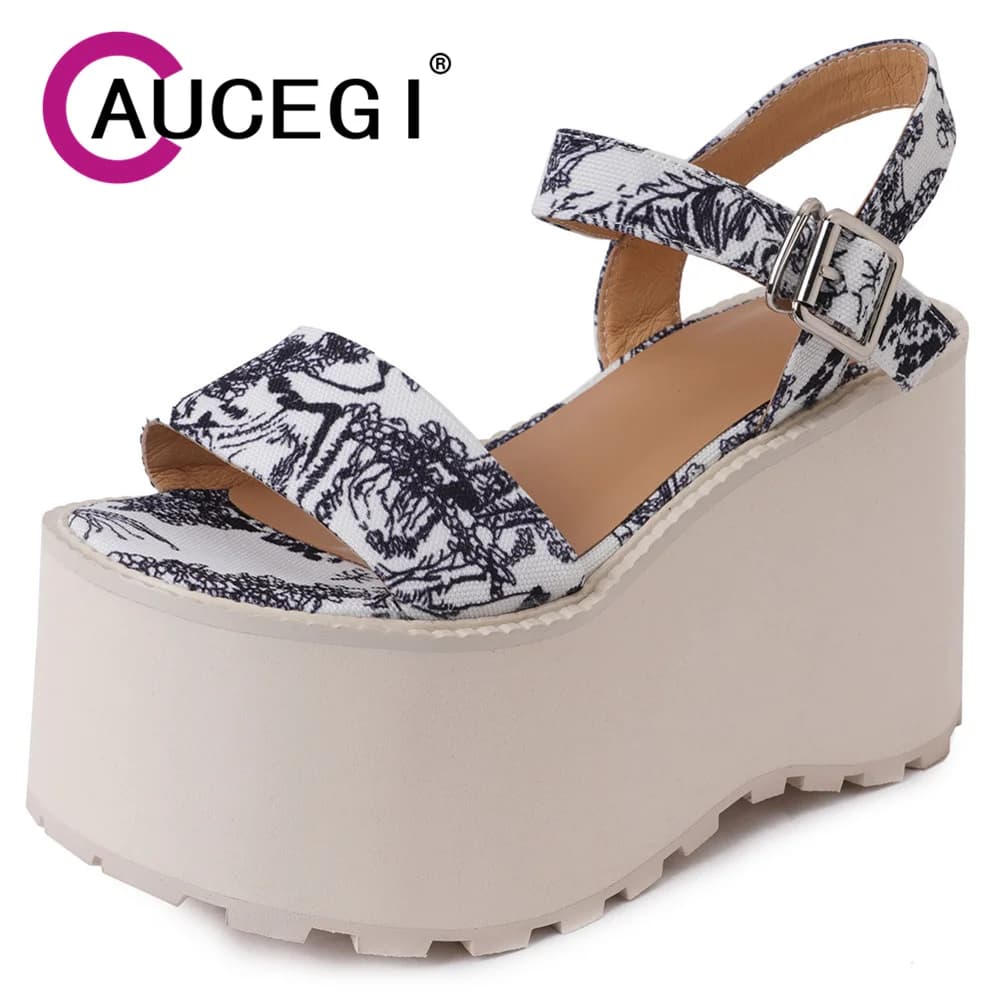 Aucegi 2026 Fashion Peep Toe Platform Wedges High Heel Sandals Printed Cloth Outside Women Concise Summer Dress Party Shoes