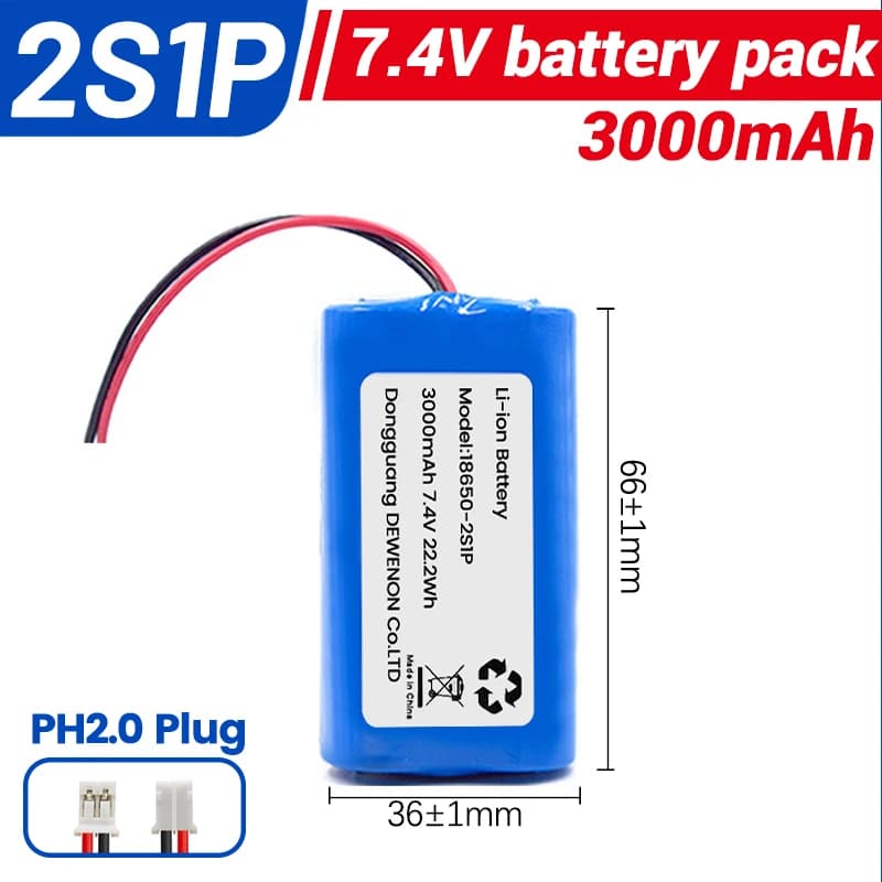 Batteria ricaricabile agli ioni di litio 7.4V 3000mAh 18650 con connettore PH2.0 18650-2S1P per parti di altoparlanti e megafoni