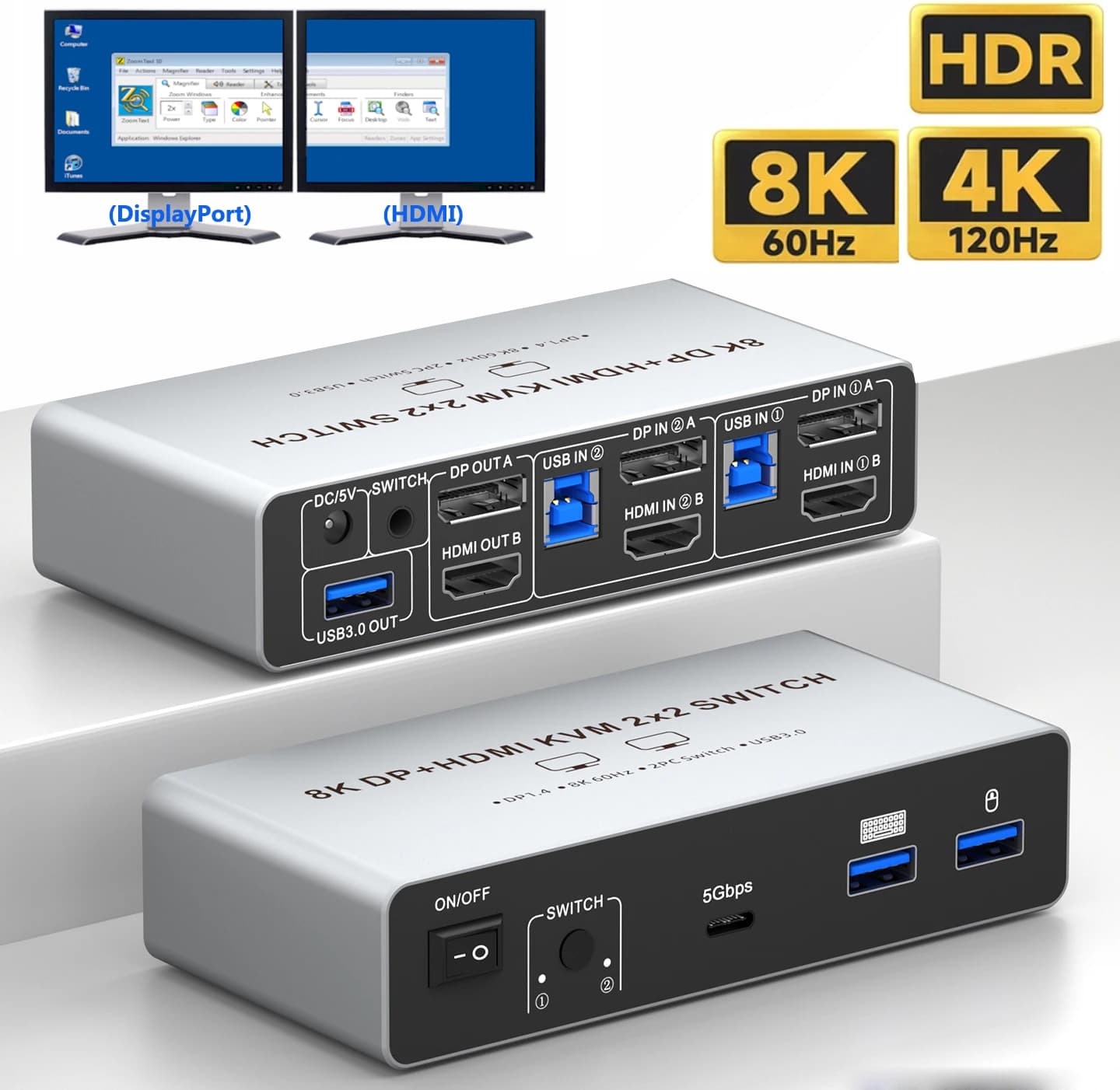 8K KVM Switch dual monitors 2 computers HDMI 2.1+DisplayPort 1.4 dual Monitor KVM Switcher for mouse,keyboard,USB devices sharin
