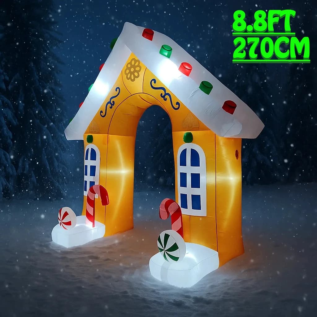 Decorazioni natalizie gonfiabili dell'arco della casa di pan di zenzero da 8,8 piedi Ornamento di Natale con luci a LED Giocattolo per feste all'aperto
