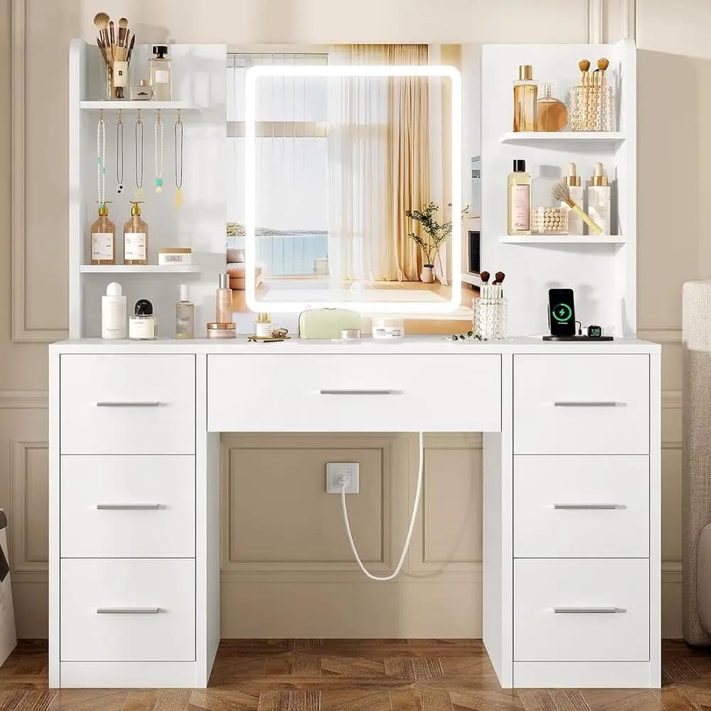 Large LED Lighted Mirror Vanity Desk with 7 Drawers, 4 Shelves, 5 Hooks, White Makeup Table for Bedroom or Bathroom